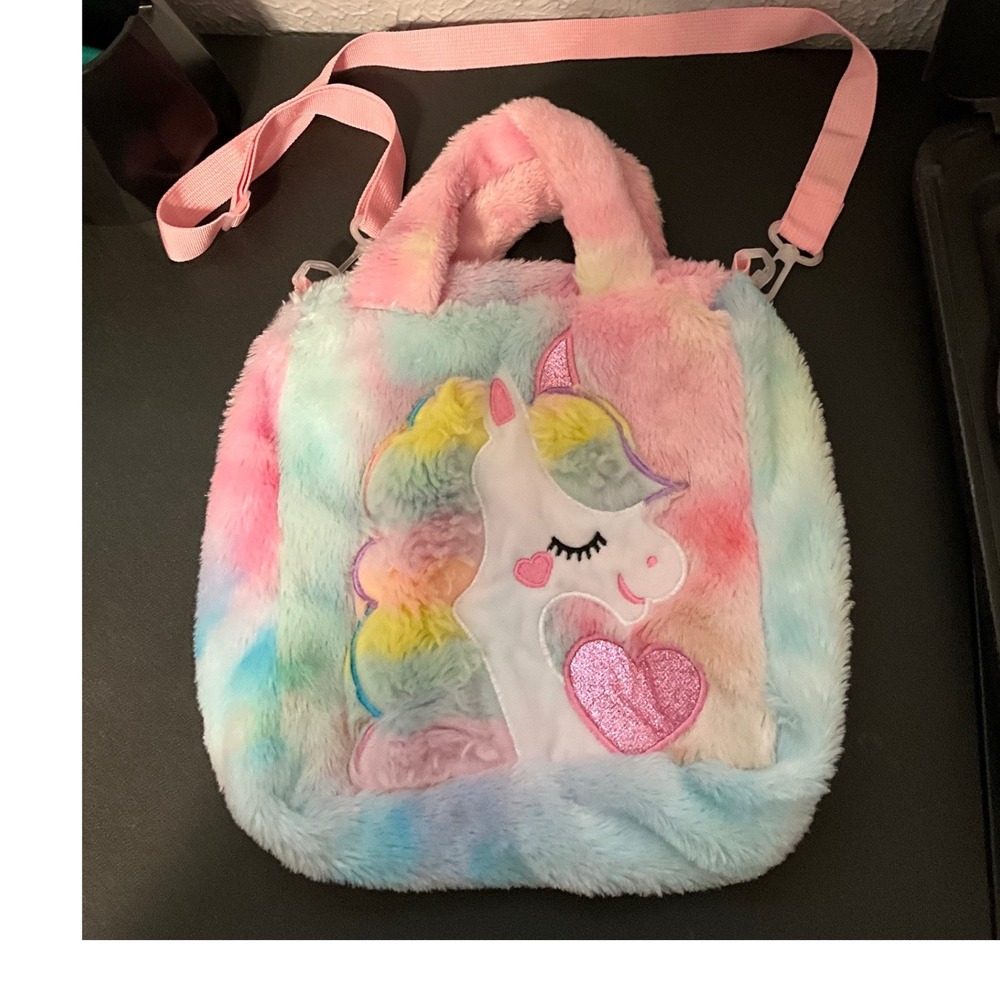 Kids Rainbow Tie Dye Faux Fur Unicorn Crossbody Bag Plush Tote Handbag Pink